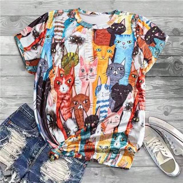 SHEIN Women Tops Dressy Casual,Women Cute Cat Print T Shirts Funny Graphic Tees Shirts Short Sleeve Casual Summer Tops Going Out Tops Graphic Tees Summer Wo