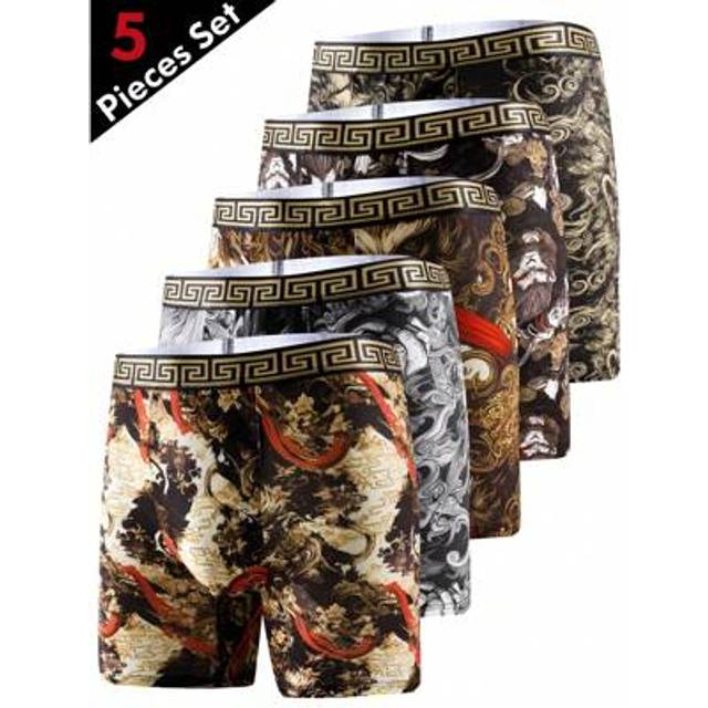 SHEIN 5pcs Pack Mythical Goku Black Design Men Long Boxer Briefs, Lightweight Male Underwear