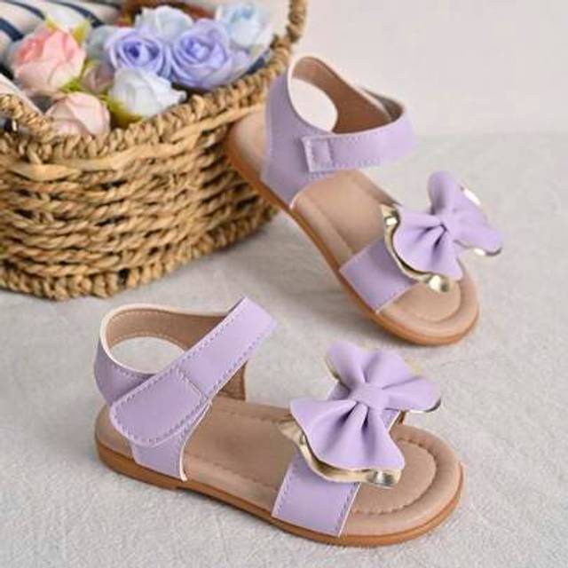 SHEIN 1 Pair Girls PU Leather Sweet Cute Bow Decor Hook & Loop Flat Princess Sandals, Suitable For Summer, Wedding, Stage, Holiday & Daily Outfit