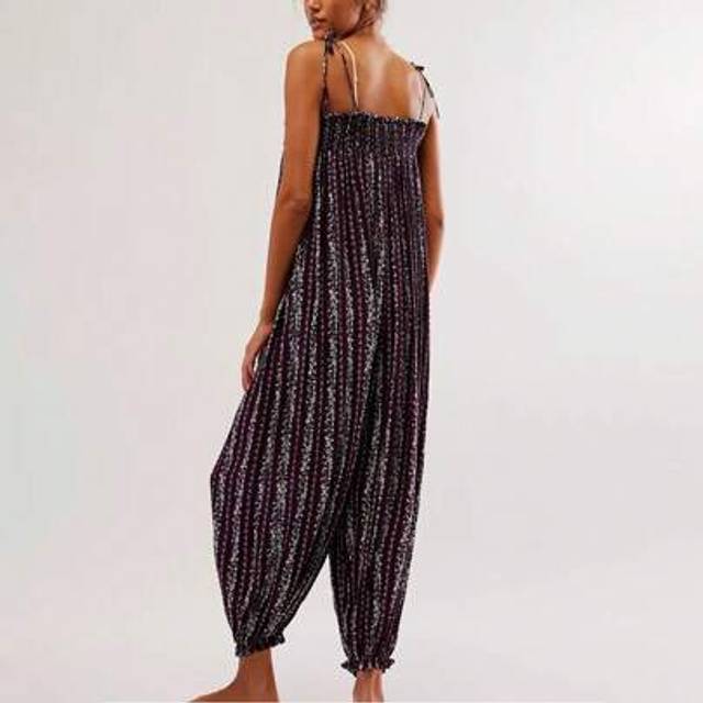SHEIN Women Summer Casual Sleeveless Spaghetti Strap Boho Wide Leg Jumpsuits Rompers Retro Floral Print Tie-Up V Neck Long Pants Baggy Overalls Loose Fit Ad