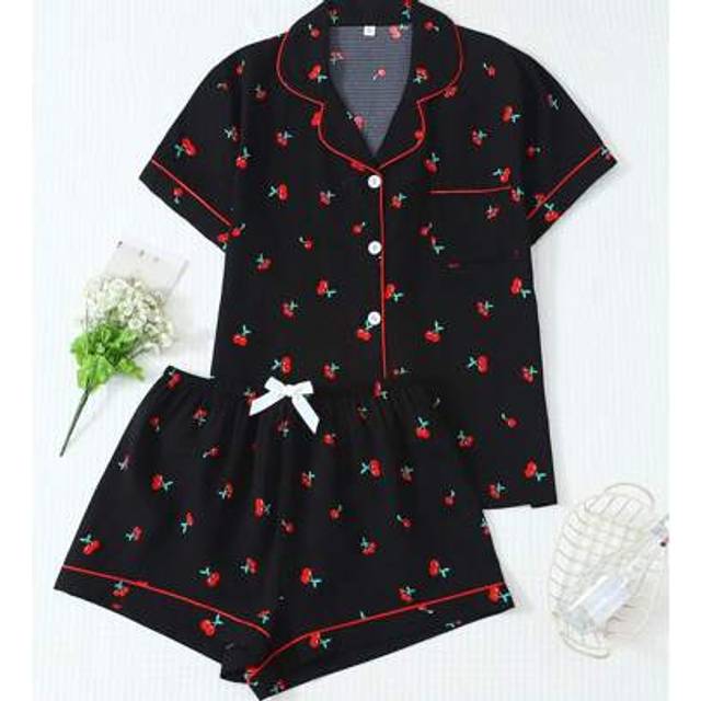 SHEIN 2pcs Cherry Print Lapel Button Short Sleeve Top With Pocket & Bow Shorts Pajama Set For Women, Comfortable For Home Use, Spring & Summer