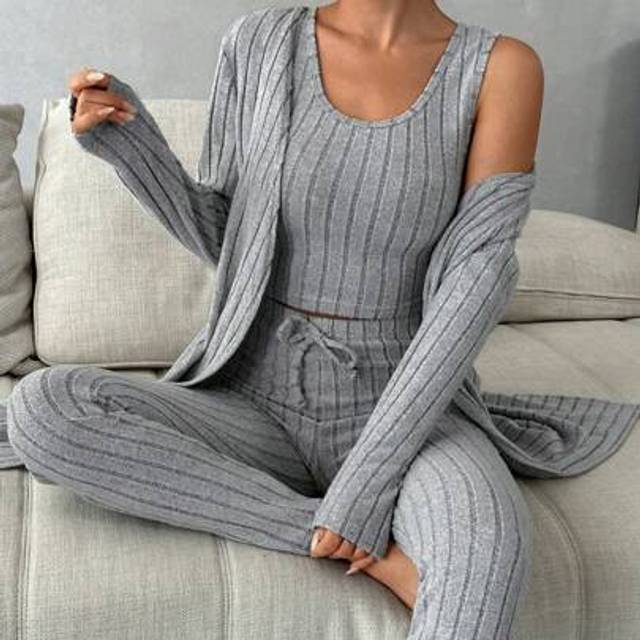 SHEIN 3pcs Solid Ribbed Knit Lounge Set Outfit