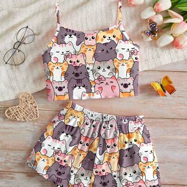 SHEIN Tween Girls Cartoon Cat Print Casual Slim Fit Camisole Top & Shorts Pajama Set, Suitable For Summer