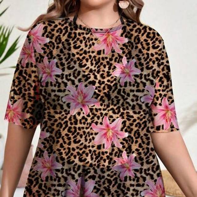 SHEIN Plus Size Women&#39;s Leopard & Floral Print Batwing Loose Chiffon Beach Cover Up, Summer Holiday Style