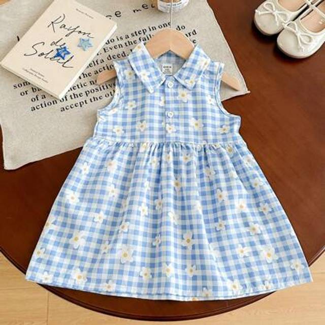 SHEIN Baby Girl Cute Sleeveless Plaid Polo Collar Dress, Lightweight And Sweet, Suitable For Shopping And Outing In Summer