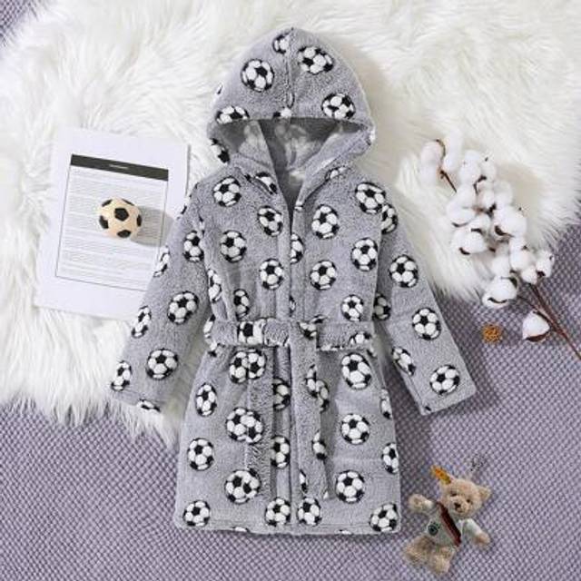 SHEIN Pre-Teen Boys&#39; Grey Simple Fashion Football Allover Print Hooded Long Sleeve Robe, Suitable For Home, Party, Autumn/Winter