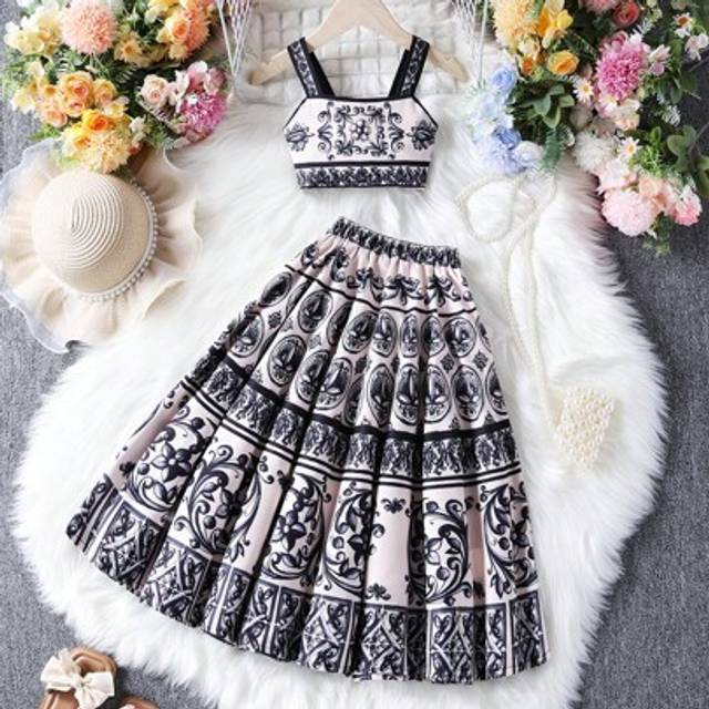 SHEIN Young Girl Vintage Sleeveless Top & Long Skirt 2pcs Set, Summer Fashion