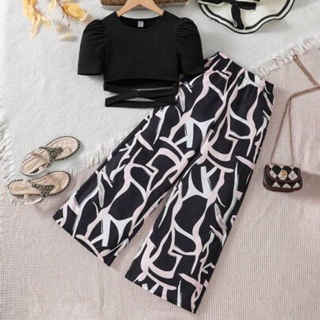 SHEIN Holiday,Summer,TravelTween Girl Solid Color Puff Sleeve Hollow Top & Full Print Long Pants 2 Pieces Set Tween Girl Clothing Sets Summer