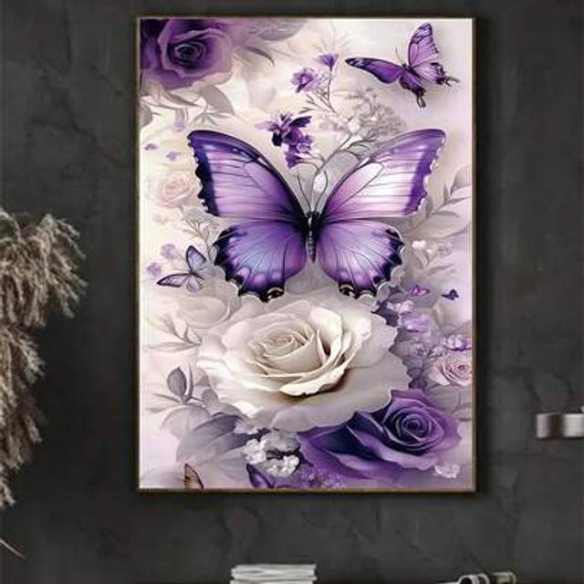 SHEIN DIY 5D Diamond Art Kit For Adults, Butterfly And Floral Canvas Art Painting, Home Wall Decor Craft With Tools, Gift