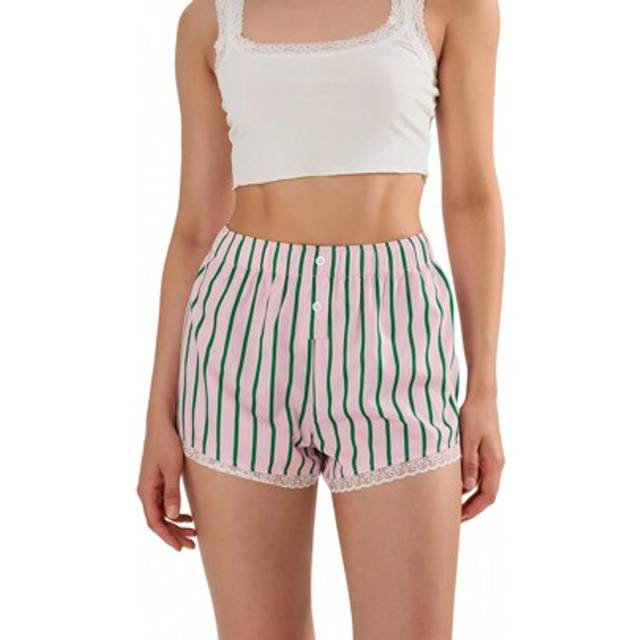SHEIN Womens Striped Print Boxer Shorts Casual Elastic Waist Lace Trim Button Front Shorts Going Out Shorts