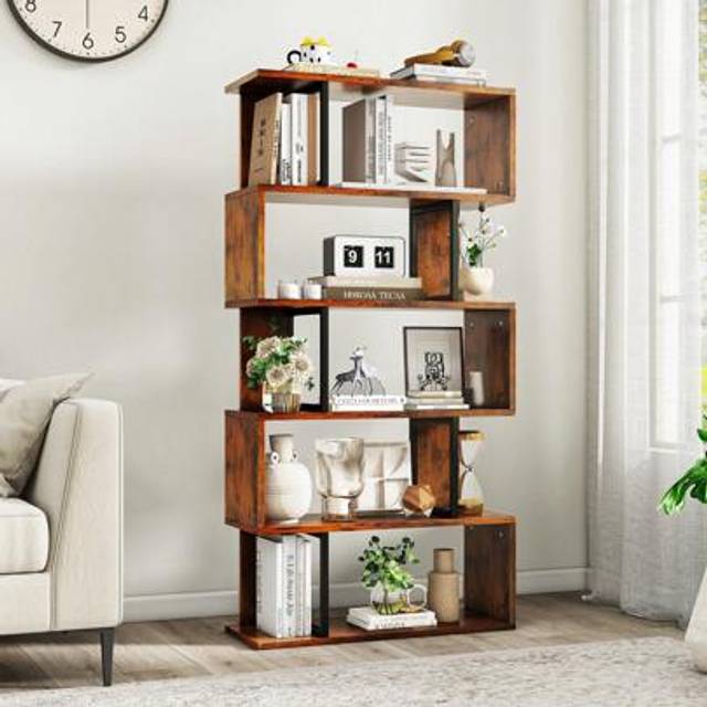 SHEIN Bookcase, Industrial Bookshelf With Steel Frame Tall Standing Shelving Unit Open Book Shelf Display Rack Storage Organizer For Living Room Home Office