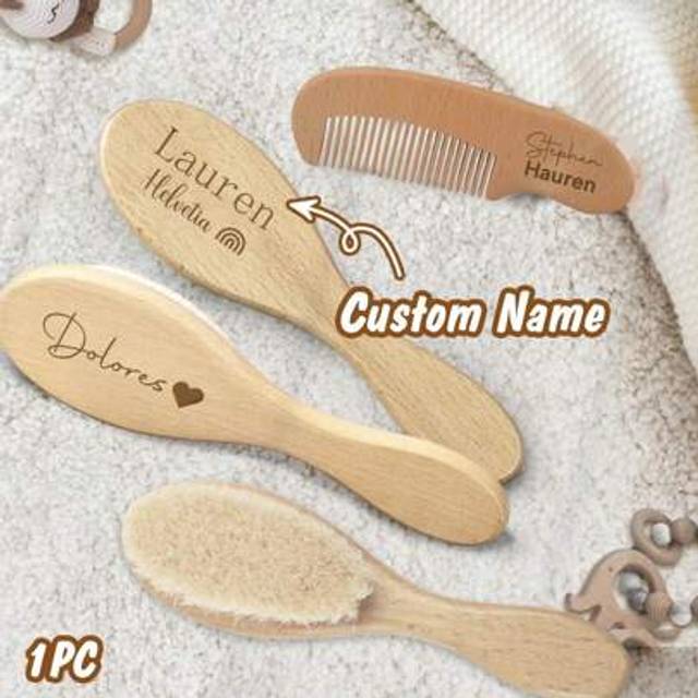SHEIN 1pc Personalized Baby Brush And Comb Set,Custom Name Baby Hairbrush,Wooden Engraved Infant Hair Brush,Baby Hair Brush Infant Head Massager,For Newborn