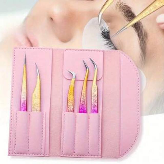 SHEIN 5pcs Precision Eyelash Extension Tweezers Set,Eyelash Curler Set- Professional Stainless Steel Lash Applicator & Remover Tools With Titanium Coated Ti