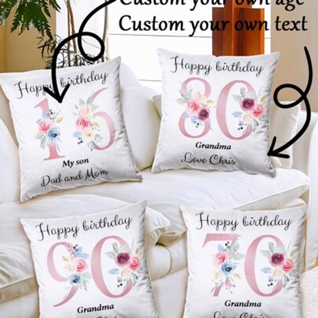 SHEIN 1pc Personalized Unique Fashion Elegant Customizable Age & Name Cushion Cover, Birthday Gift For Grandma, Grandpa, Mom, Dad, Home Textile