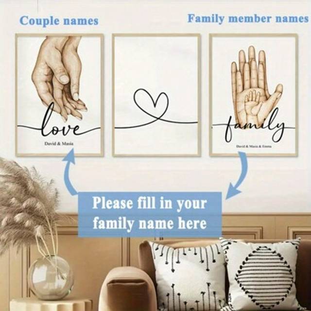 SHEIN 3pcs Unframed Personalized Name Canvas Poster, Customized Family Member Hands Wall Art, Custom Name Love Poster For Home Decor, Modern Wall Decor, Ide