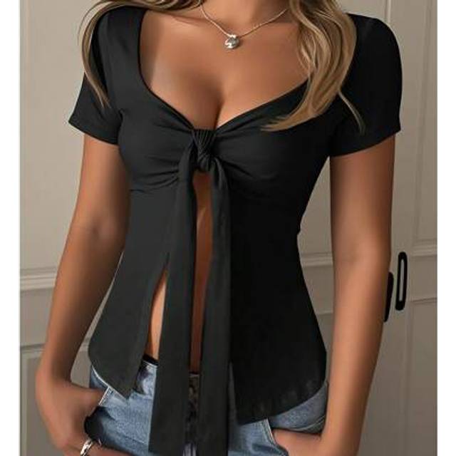 SHEIN Black Lace-Up Open Slit Short Sleeve T-Shirt, Casual Summer