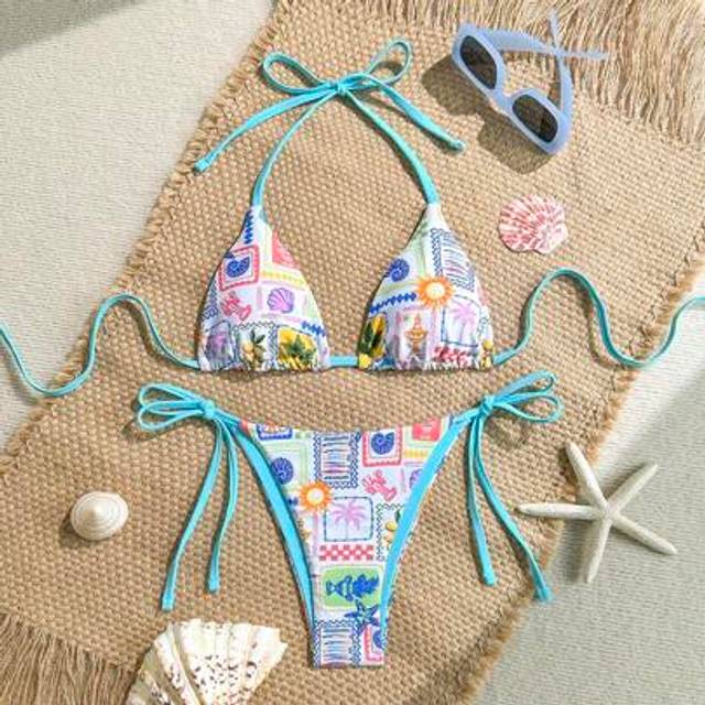 Soleia Women&#39;s Colorful Tropical Island Coconut Tree & Fruit Print Contrast Color Halter Tie Bikini Set, Vacation Beach