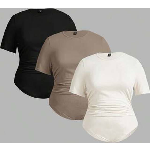 SHEIN Plus Size Women&#39;s Spring And Summer Fashion Casual Comfortable Basic Daily Short-Sleeved Slim Multi-Color Bodysuit 3 Packs,Summer Outfits For Women,Cu