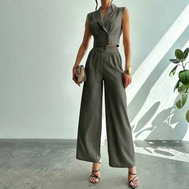 Firerie Women&#39;s Elegant Blazer Collar Cinched Waist Shirt + Straight Leg Pants 2 Pieces Set