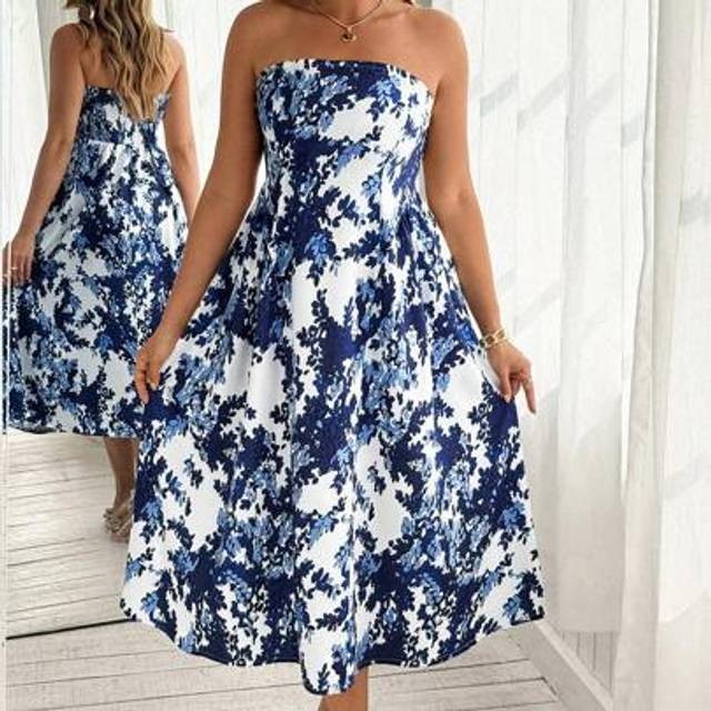 Franclia Plus Size Women Casual Summer Vacation Woven Printed Midi Halter Dress