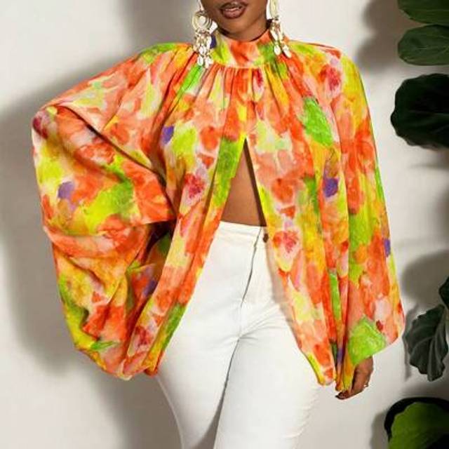 Slaydiva Plus Size Elegant Mock Neck Ruched Semi-Sheer Loose Camel Long Sleeve Blouse Top For Fall