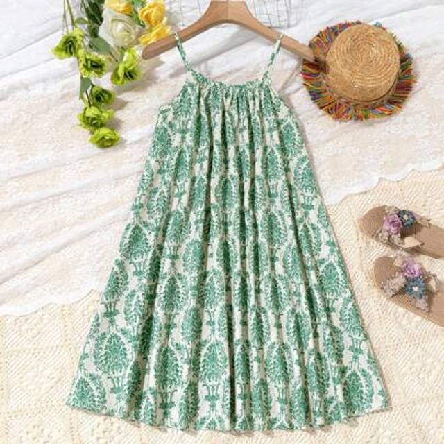SHEIN Tween Girls Elegant All-Over Print Spaghetti Strap Casual Dress Boho Dresses For Girls Girls Summer Clothes Dress