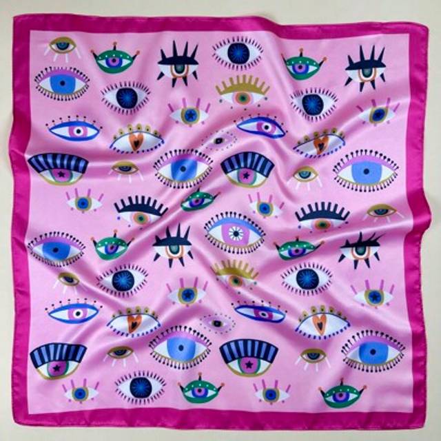 SHEIN 1PC Ladies Y2K Eyes Print Square Scarf Elegant Neckerchief Bandana Women Satin Head Scarf Hair Accessories Silk Scarves