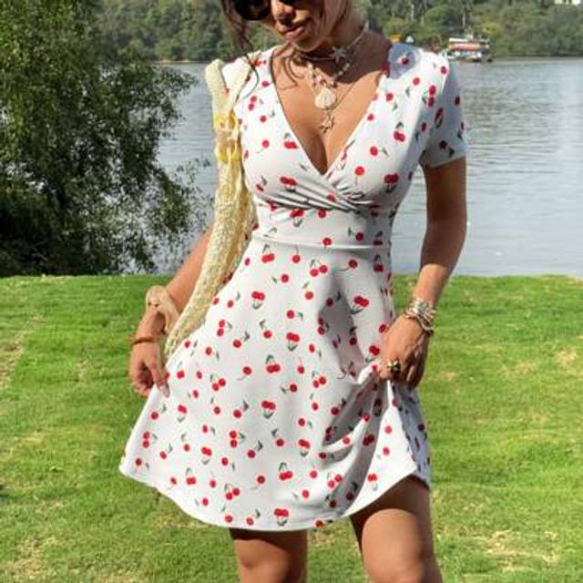 SHEIN Cherry Print V-Neck Cinched Waist A-Line Short Dress, Summer Vacation Summer Dresses For Women,Sun Dresses For Women