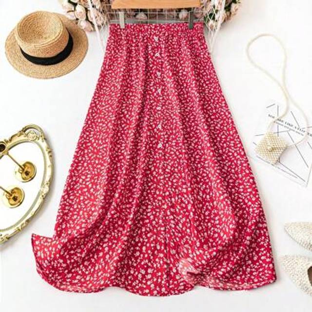 SHEIN Plus Size Women&#39;s Casual Ditsy Floral Vacation Style Button Elastic Waist Skirt, Spring/Summer