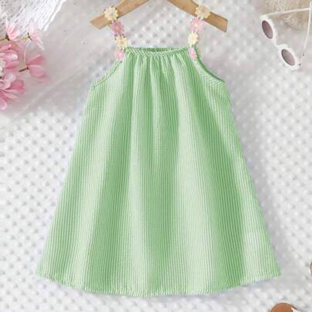 SHEIN Young Girl Floral Strap Casual Loose Sleeveless A-Line Striped Dress, Suitable For Holiday, Beach In Summer