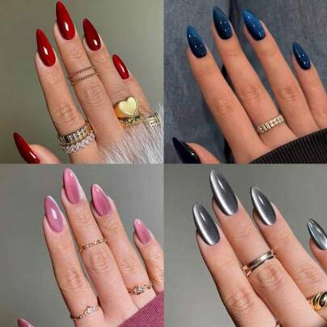 SHEIN 98pcs(4mixed )Y2K Long Almonds Glossy Aesthetic Blood-Red Crystal Cat Eye Acrylic Press On Nails Short Almond Nail Design Perfect Fit False Nails Set,