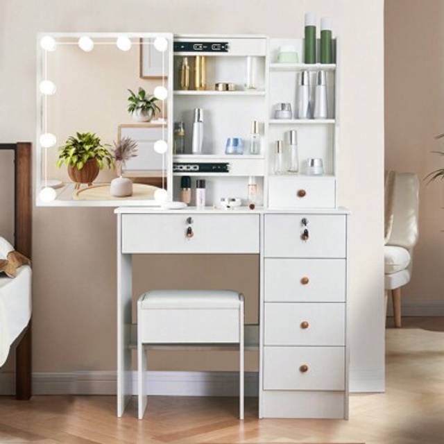 SHEIN Dressing Table Makeup Desk With 10 Lights Mirror Drawer Stool Bedroom Vanity Set