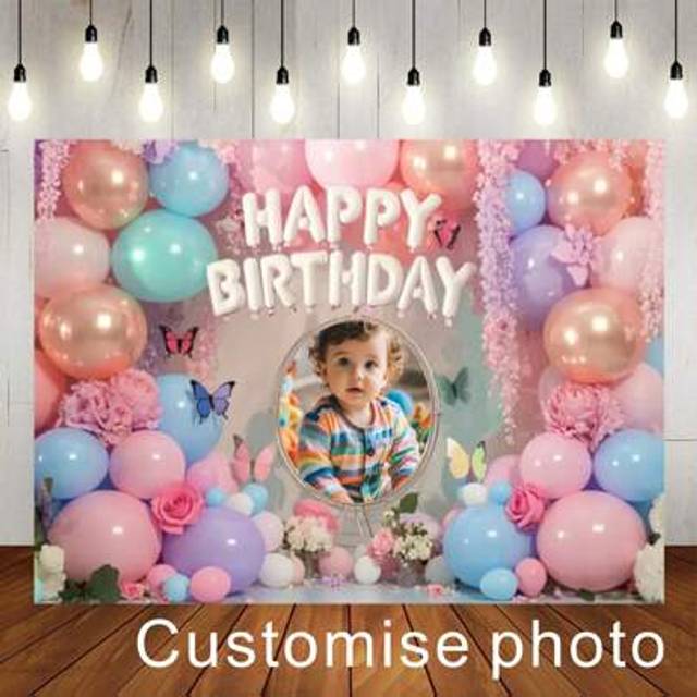 SHEIN 1pc Customisable Photo Rainbow Balloon Happy Birthday Photography Background Fabric Pink Floral Butterfly Design Personalised Photo Design Suitable Fo