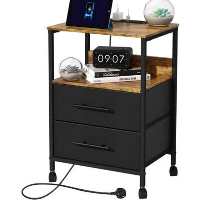 SHEIN Bedside Table With Charging Station Nightstand With 2 Outlets And 2 USB Ports With 4 Castors