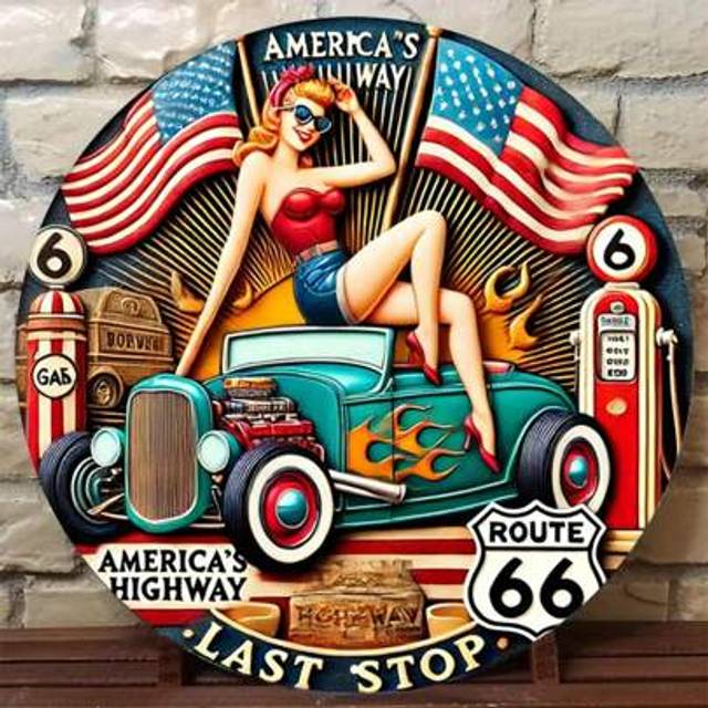 SHEIN 1pc Vintage Route 66 Poster And Hotrod Car Metal Sign - Retro USA Highway Wall Art, Mid-Century Design, Round Poster, Suitable For Bar, Cafe, Beach Ho