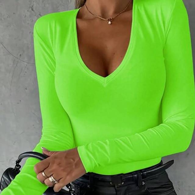 INAWLY Autumn Fashion Neon Green Slim Fit Long Sleeve T-Shirt