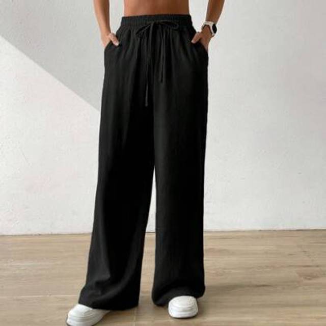 SHEIN Women&#39;s Summer Solid Color Beige High Waist Drawstring Waist Linen Wide Leg Pants