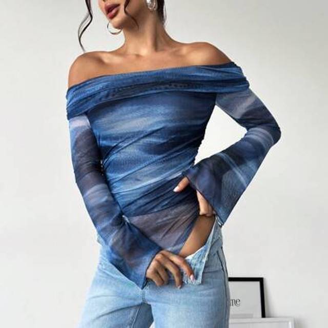 SHEIN Women&#39;s New Tie Dye Floral Open Shoulder Long Sleeve Bodysuit, Casual Daily Wear Graphic T-Shirt Bodysuit, Suitable For Spring & Autumn, Commute/Elega