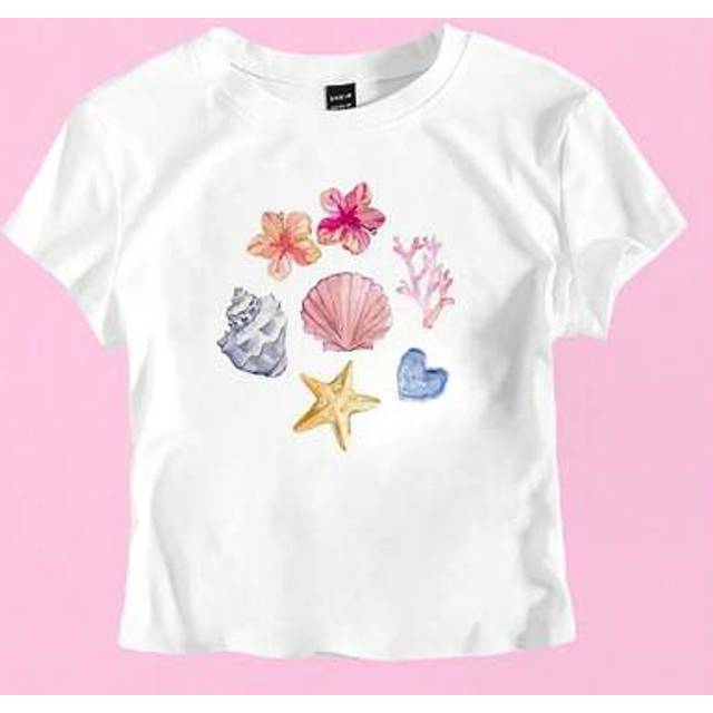 SHEIN Pre-Teen Girls&#39; Starfish Print Round Neck Short Sleeve Casual T-Shirt, Suitable For Summer