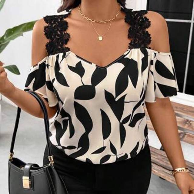 SHEIN Plus Size Women Floral Print Off Shoulder Ruffled Splice Fashion Elegant Blouse Shirt, Spring/Summer New Arrival