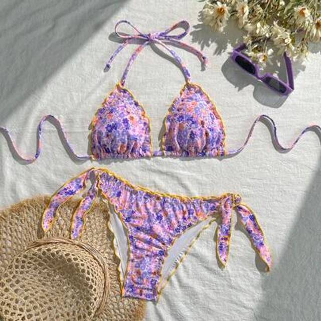 SHEIN Women&#39;s Cute Floral Lace Pleated Bikini Two Pieces Set, Suitable For Summer Island Vacation Swimming