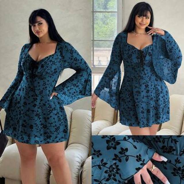 SHEIN Plus Size Elegant Floral Flocked & Mesh Bell Sleeve Dress