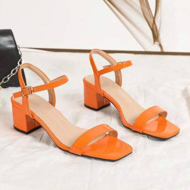 SHEIN New Fashion Women Orange Patent High Heel Sandals With Ankle Strap, Square Toe, Thick Heel, Suitable For Vacation & Casual Wear