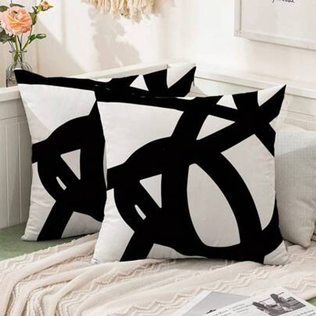 SHEIN 2pcs Modern Abstract Geometric Art Cushion Covers - Black & White, Zip Closure, Polyester - Perfect For Living Room, Bedroom, Car, Dorm Decor (No Inse