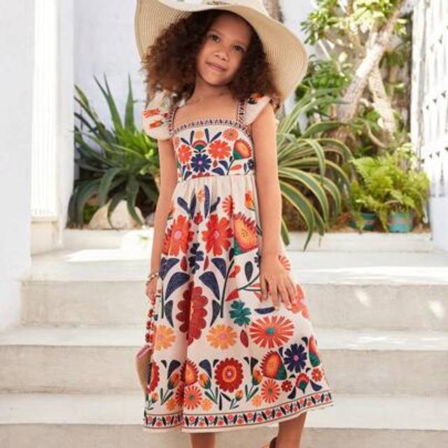 SHEIN SLAYR KIDS Young Girl Vacation Casual Floral Print Square Neck Ruffle Hem Form-Fitting Dress Young Girls Summer Dress Young Girls Clothing Dress Young