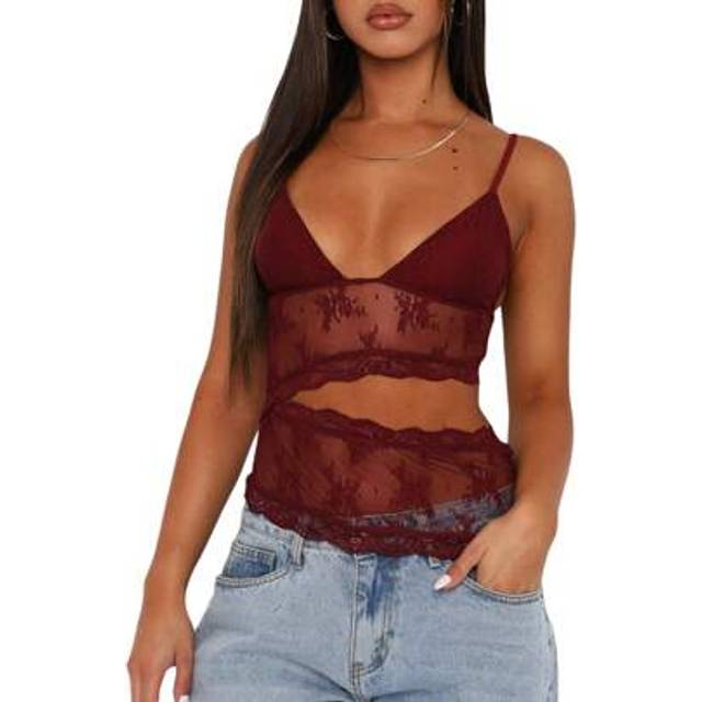 SHEIN Women Lace Camisoles Plunge Neckline Sleeveless Backless Tank Tops Summer Slim Fit Vests Tops Streetwear