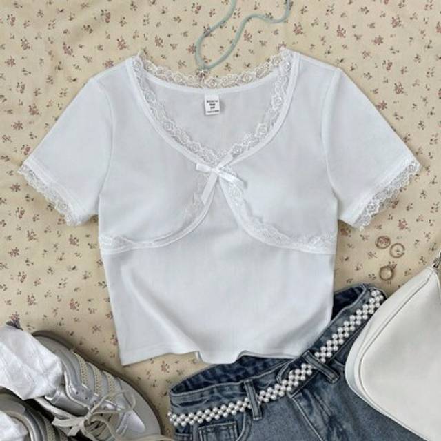 SHEIN Teen Girls Spring Summer White Rib Knit Lace Trim Bow Decor Criss-Cross Fitted Casual Retro Cute T-Shirt