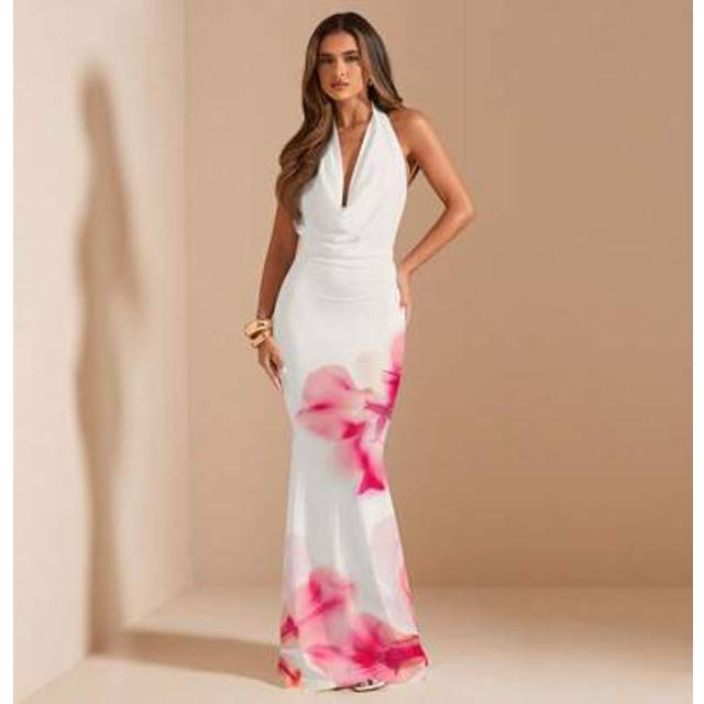 SHEIN 1pc Women&#39;s Casual Full Print Halter Neck Backless Dress/Floral Print Dress/Elegant Dress/Beach Vacation Dress, Suitable For Holiday,Bohemian Clothes