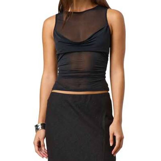 SHEIN Women&#39;s Sheer See Through Vest Sleeveless Round Neck Solid Color Ruched Tank Tops Y2k Slim Fit Crop Tops Summer Going Out Tops Streetwear