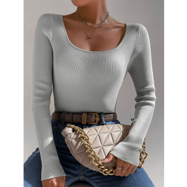Franclia Women&#39;s Solid Color Square Neck Long Sleeve Casual Fitted Pullover Sweater